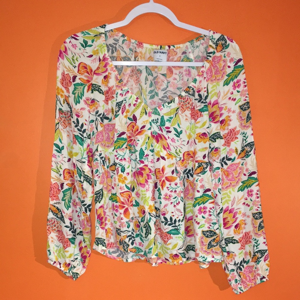 Old Navy Floral V-Neck Blouse - White with Pink, Green & Yellow Print Medium